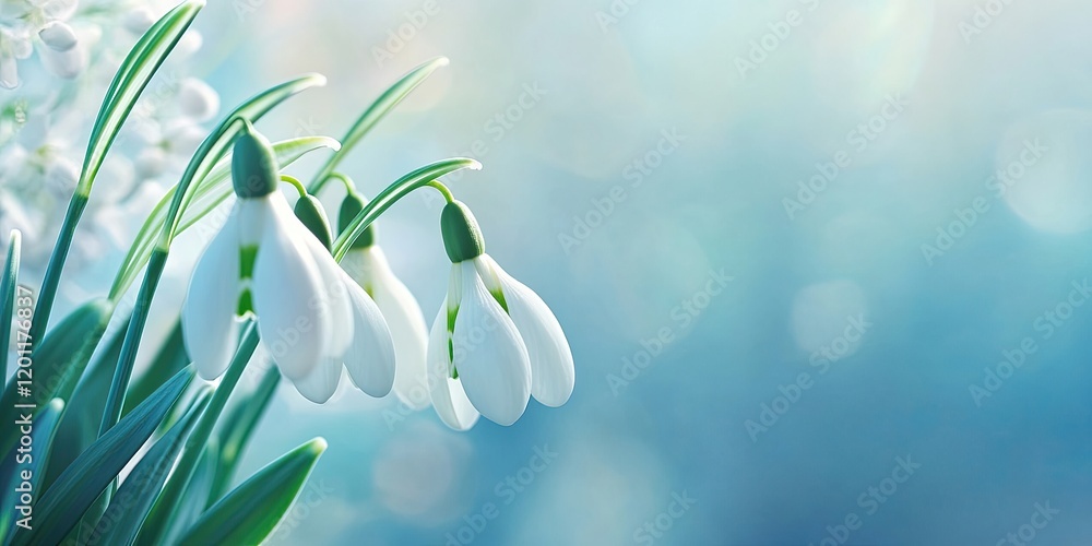 Poster close-up of delicate white snowdrop flowers on the left with soft blue bokeh background and ample co