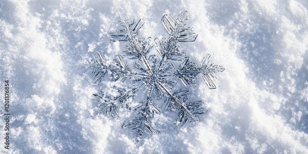 Poster detailed close-up of a delicate snowflake resting on a soft layer of white snow, featuring intricate