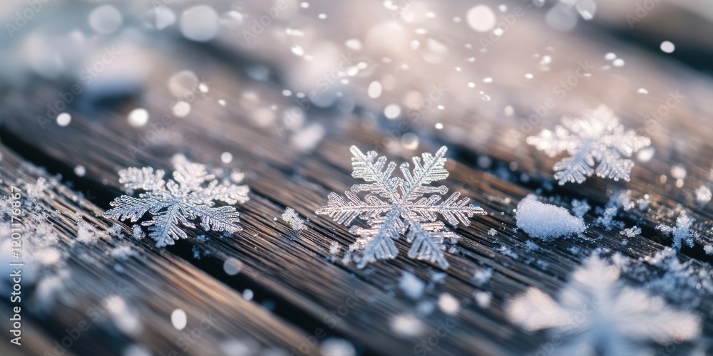 Poster delicate snowflakes scattered on a rustic wooden surface with glimmering bokeh lights showcasing win