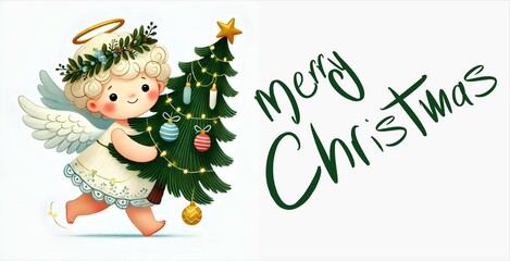 Fototapeta premium christmas card showing an angel wearing laurel and a gold halo carrying a Christmas tree. Christmas card, gift card, postcard, poster, gift bag design 