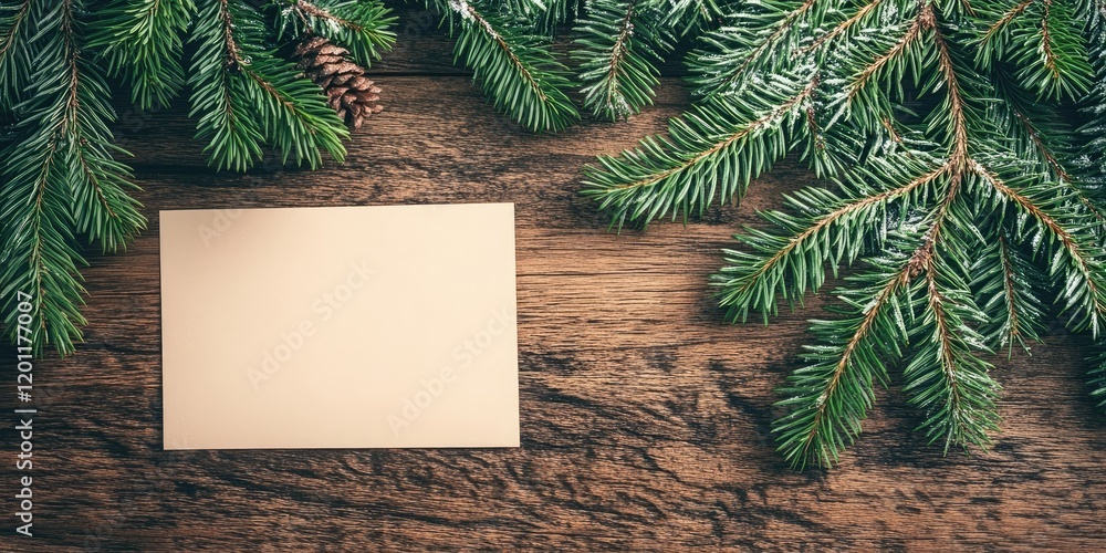 Poster snow-covered evergreen branches frame a blank card on a rustic wooden table, creating a serene winte