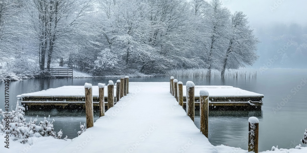 Poster snowy jetty extending into a serene lake surrounded by frosted trees under overcast skies with soft 