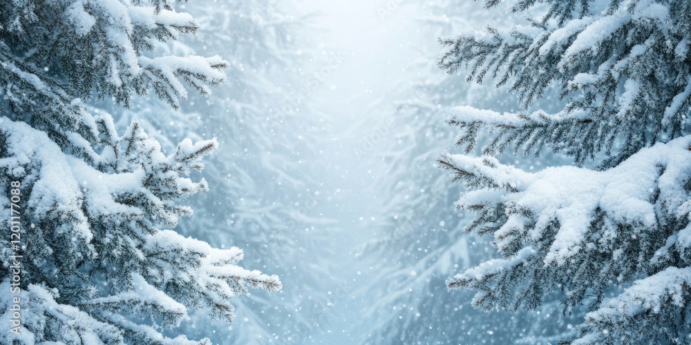 Poster snowy fir branches frame a serene winter forest scene with a misty blue background and soft falling 