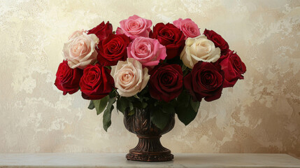 Beautiful Bouquet of Roses in Various Shades of Red and Pink in Decorative Vase