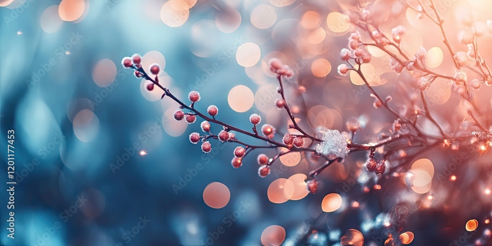 Poster dreamy bokeh backdrop featuring delicate pink berries on a frost-covered branch against a soft blue 