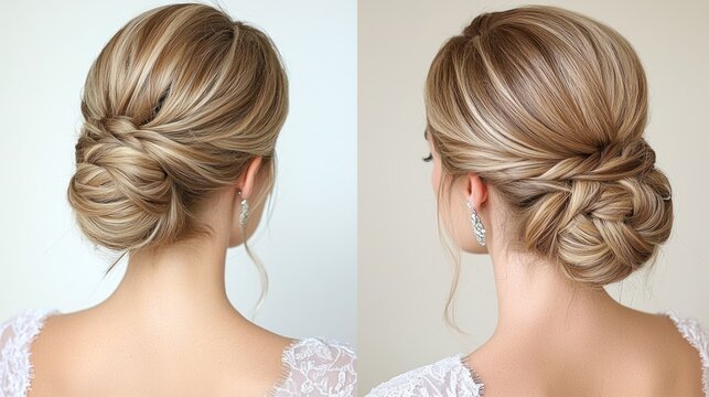 Elegant braided low bun hairstyle for women, shown from front and back views. - Powered by Adobe