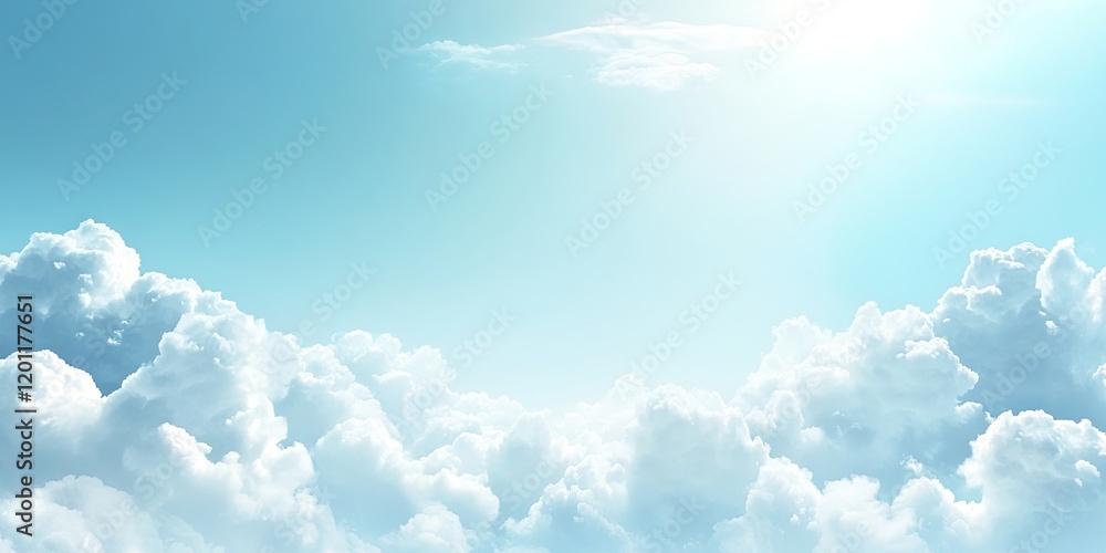 Poster soft focus bright blue sky with fluffy white clouds scattered across the upper half creating ample c