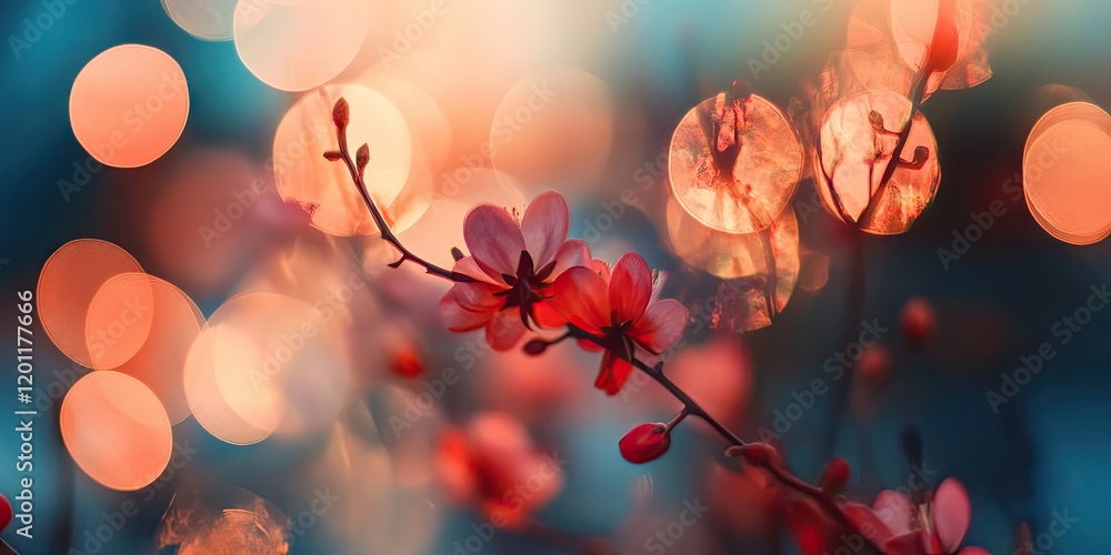 Poster vibrant cherry blossom branch in soft focus with blue and orange bokeh background creating an ethere