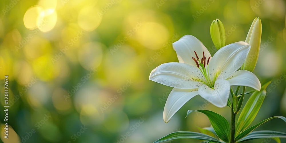 Aufkleber closeup of a vibrant white lilium flower on the right with soft green blurred background creating an