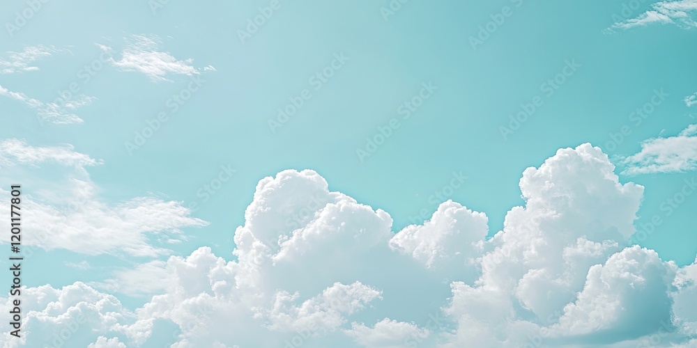 Poster serene panorama of a light blue sky with fluffy white clouds in the upper half, ample soft copy spac