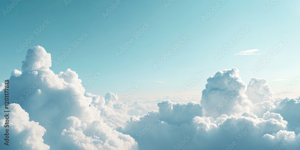 Poster panoramic view of fluffy white clouds against a light blue sky with gentle lighting creating a tranq