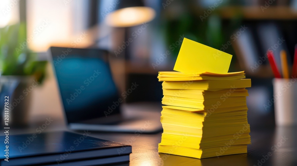 Poster high stack of yellow sticky notes on a desk with laptop and books in blurred background.
