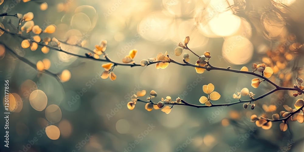 Poster serene bokeh background with soft golden leaves on thin branches positioned left, blurred green hues