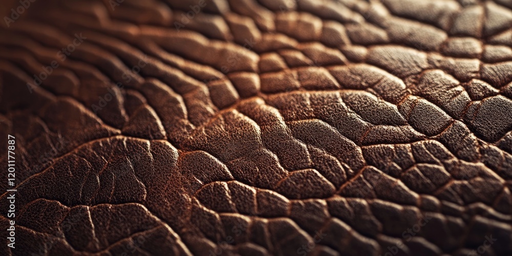 Poster close-up of rich brown textured leather surface with soft focus lighting highlighting abstract patte