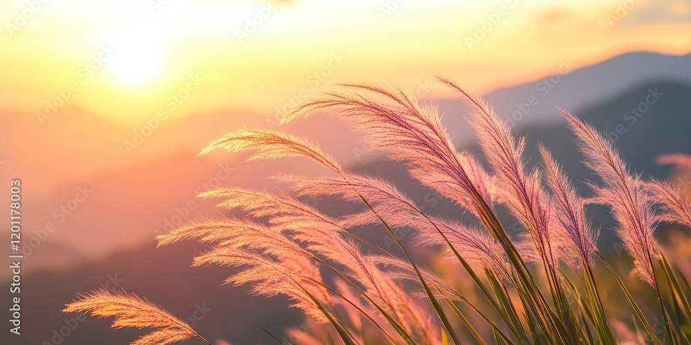 Poster delicate pink grass swaying in golden sunset light against blurred mountains with soft bokeh creatin