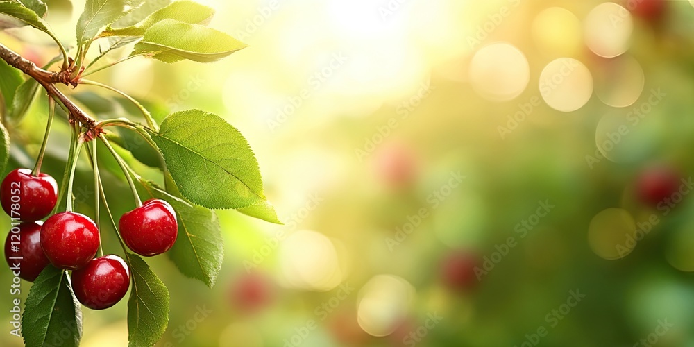 Aufkleber fresh red cherries glistening on a green leaf-covered branch with a soft blurred golden background c