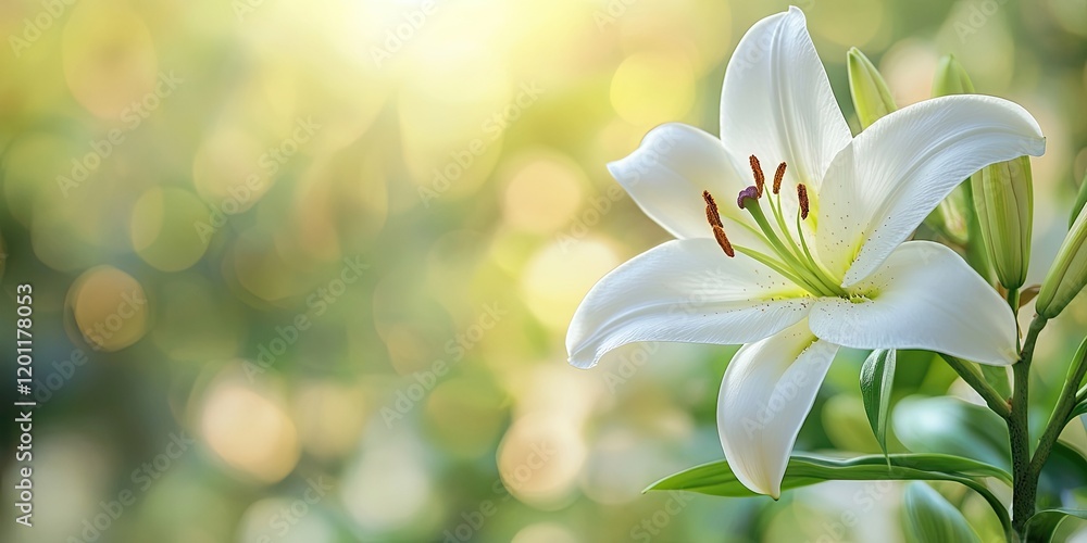 Poster delicate white lily flower with green leaves in focus against a soft golden bokeh background creatin