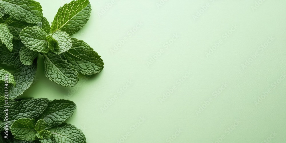 Poster fresh mint leaves in vibrant green positioned on the left of a soft pale green backdrop with ample c