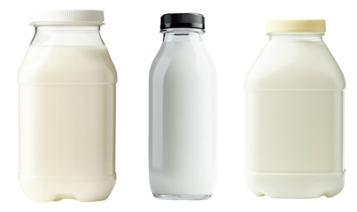 Set of Milk bottles with caps aligned in a row, isolated on white background. Concept of dairy products and freshness.