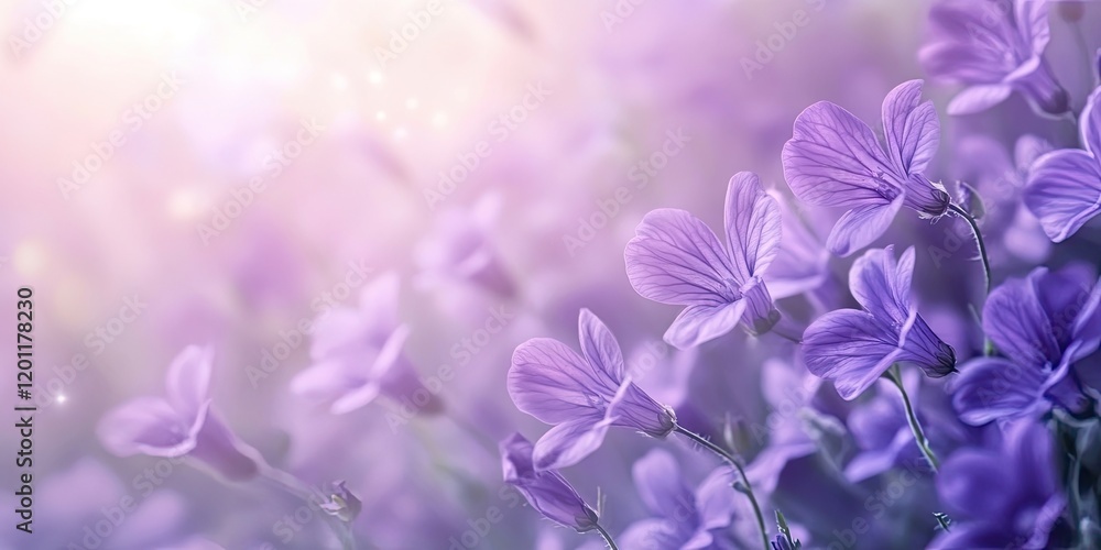 Poster vibrant violet flowers softly focused in lush fields with a dreamy background illuminated by soft li