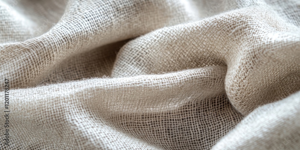 Poster macro close-up of soft beige linen fabric with gentle folds and ample negative space for text, featu