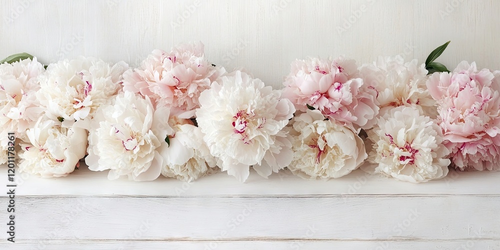 Poster delicate pastel peonies in soft white and pink tones arranged neatly on a white wooden table creatin
