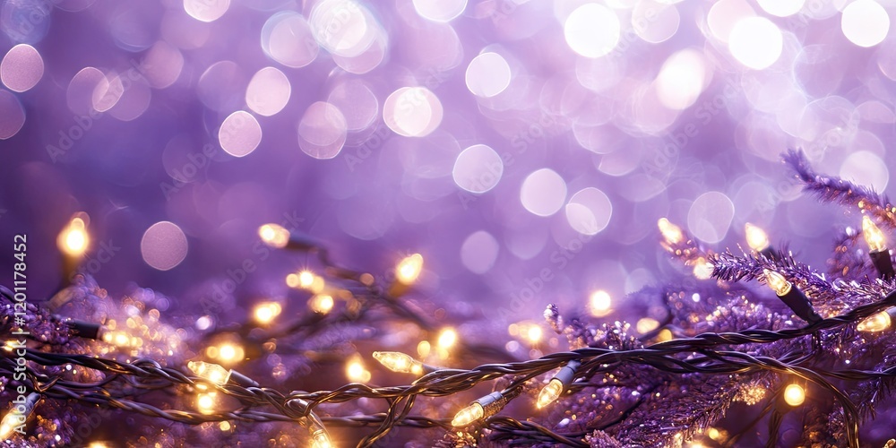 Poster festive background of soft white and violet lights with a shimmering bokeh effect and twinkling chri