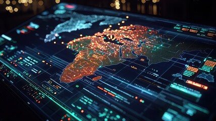 Fototapeta premium A futuristic digital map showcasing Africa with vibrant colors, representing data visualization and technology in a sleek, high-tech interface.