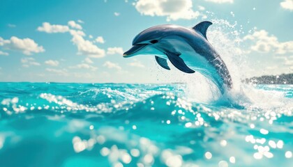 Obraz premium Dolphin leaping gracefully in sparkling turquoise ocean under clear blue sky