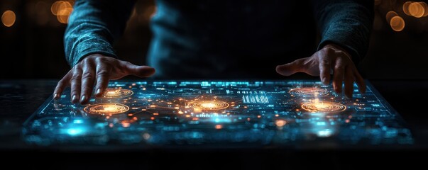 Obraz premium A person interacts with a glowing, futuristic interface displaying interconnected lights and patterns, suggesting advanced technology.