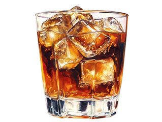 Isolated Realistic Glass of Whiskey with Ice Cubes