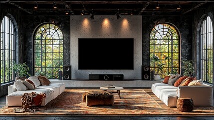 Modern home theater with large screen, comfy sofas, autumnal view.