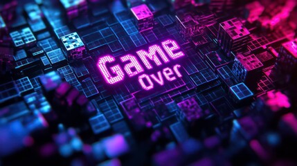 Neon "Game Over" text on a futuristic, abstract digital circuit board.