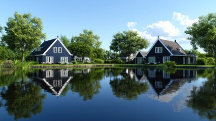 Fototapeta premium Tranquil lakeside scene with charming houses and reflections.