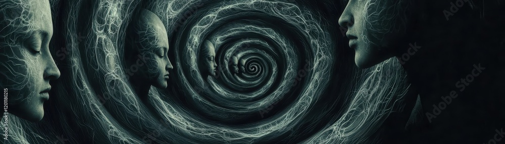 Poster a surreal depiction showing faces within a swirling pattern, evoking themes of introspection and the