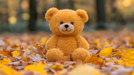a cute teddy bear sitting in a bed of golden autumn leaves, looking sweet and nostalgic. The plush toy is surrounded by vibrant fall foliage, creating a charming and heartwarming scene. 