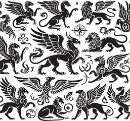 Fototapeta premium Black Color Mythic Animal Cerberus Silhouette Vector Illustration, Solid White Background