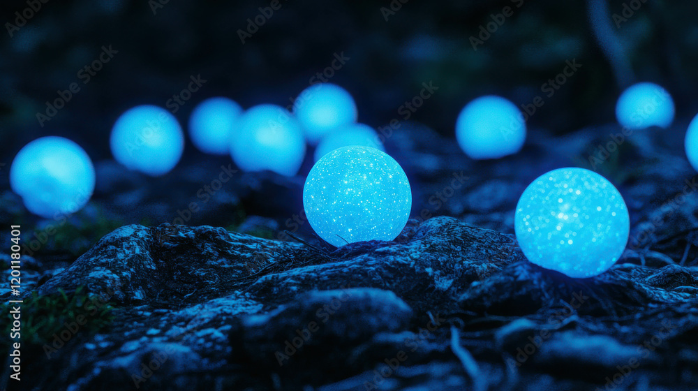 Poster enchanting cluster of glowing blue orbs floating in a mysterious natural setting