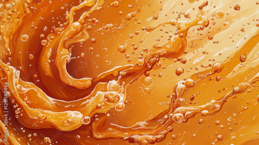 Poster caramel sauce flow swirl splash with toffee candy in cream or syrup wave, realistic vector. caramel 