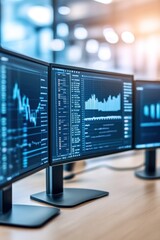 Data analytics insights corporate office digital displays modern workspace front view technology trends
