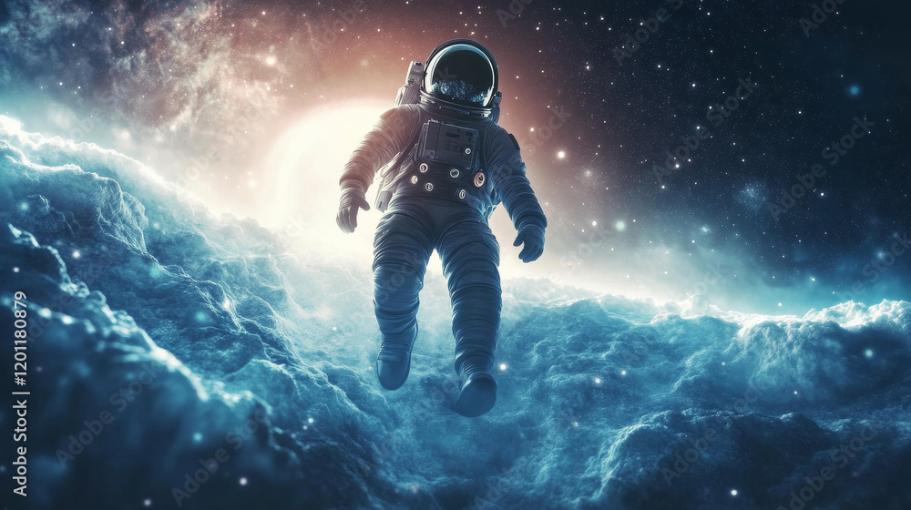 Aufkleber landing page space. cartoon galaxy planets and astronaut in outer space vector website background of
