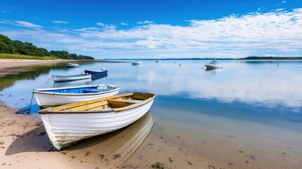 Naklejka premium Scenic view of boats moored on calm water under a blue sky.