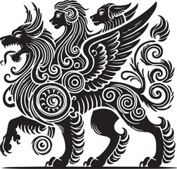 Black Color Mythic Animal Cerberus Silhouette Vector Illustration, Solid White Background