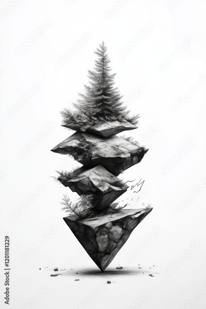 Poster surreal floating landscape art digital creation minimalistic conceptual design abstract view nature 