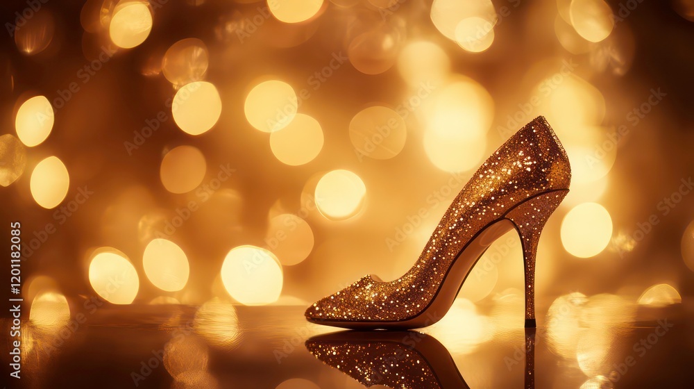 Poster sparkling gold high-heel shoe on reflective surface with bokeh lights.