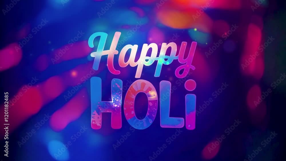 Poster happy holi greeting text on a colorful bokeh background animation.