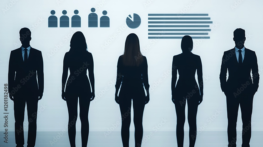 Poster silhouettes of professionals stand in a row against a backdrop of graphs and figures, suggesting ana