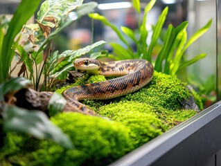 pet snake in pet store terrarium style with plant decoration