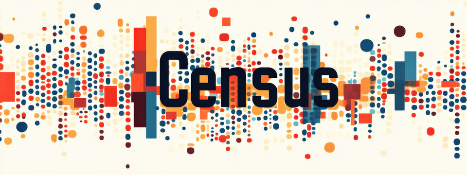 Colorful abstract census concept with varied geometric shapes and vibrant colors against a light background, representing data visualization.