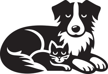 a black and white illustration of a dog and a cat.